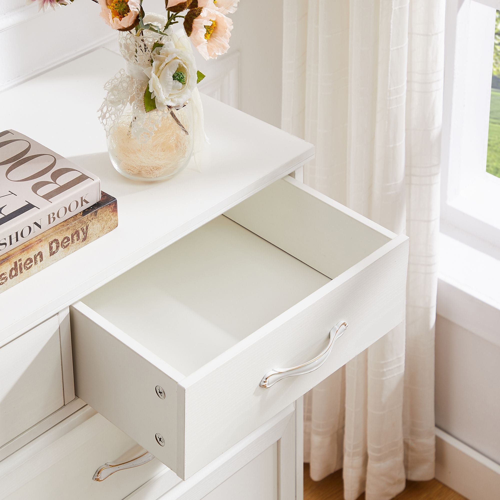 Rustic 9-Drawer White Dresser with Antique Handles for Kids' Rooms and Beyond