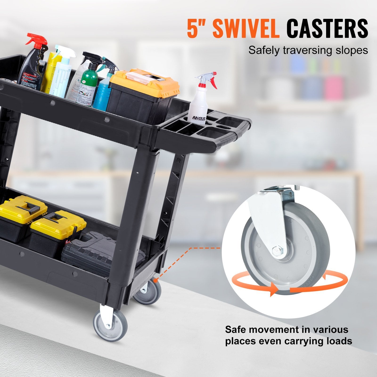 VEVOR Heavy-Duty 2-Tier Rolling Utility Cart with Lockable Swivel Wheels