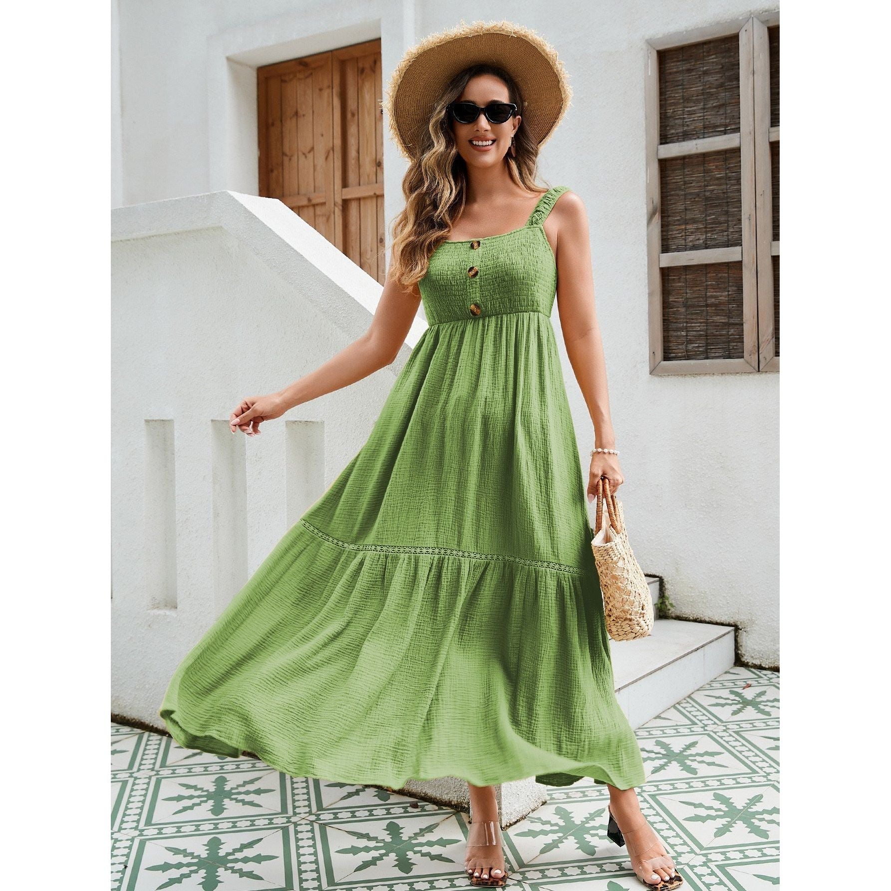 Women's Textured Cotton Maxi Dress - Elastic Smocked Front, Bow-Tie Back, And Lace Trimmed Hem In Elegant Yellow-Green-White