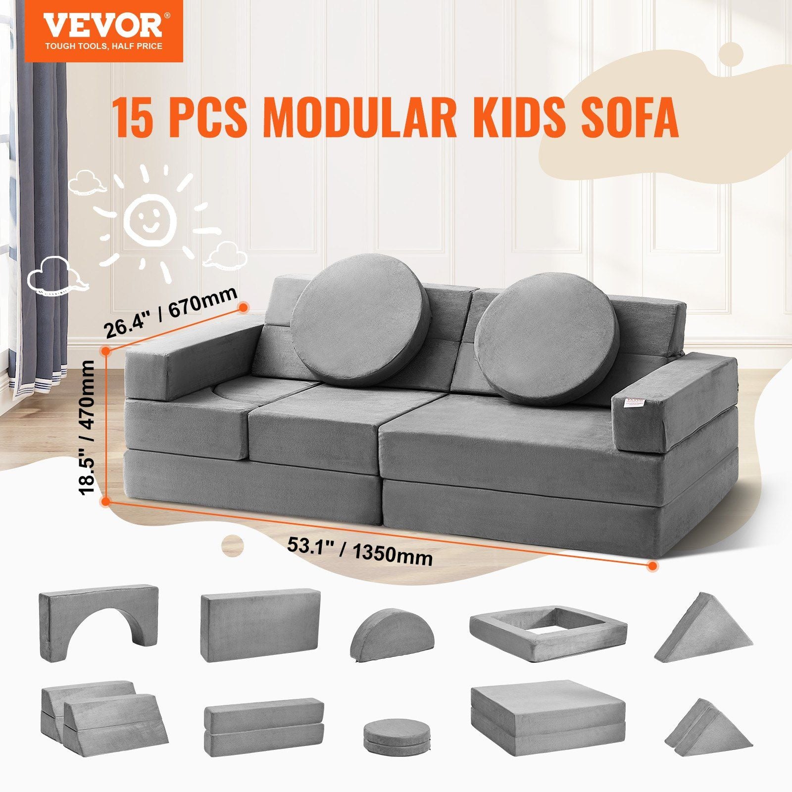 VEVOR Modular Kids Play Sofa - 15-Piece Nugget Couch with High-Density Foam for Creative Play