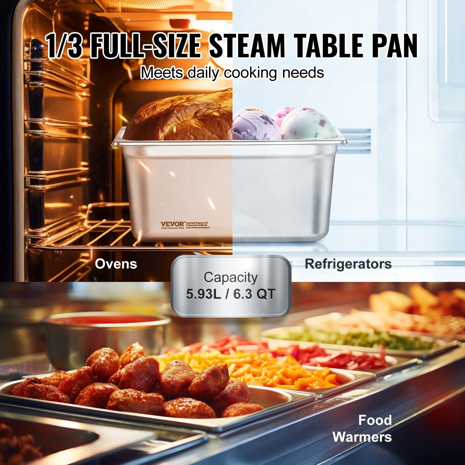 VEVOR 8-Count 1/3 Size Stainless Steel Anti-Jam Steam Pans with Lids - Durable and Heat Resistant