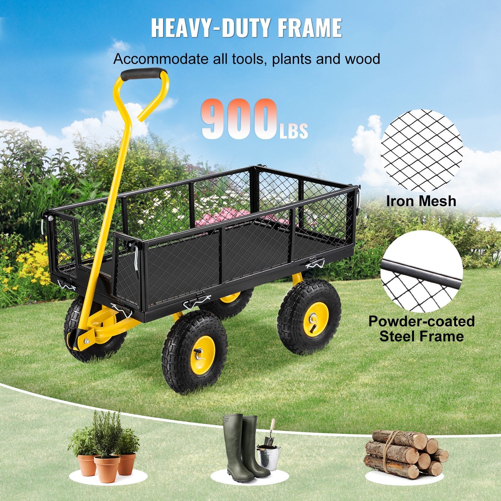 VEVOR Heavy-Duty Steel Garden Cart with Removable Sides and All-Terrain Tires