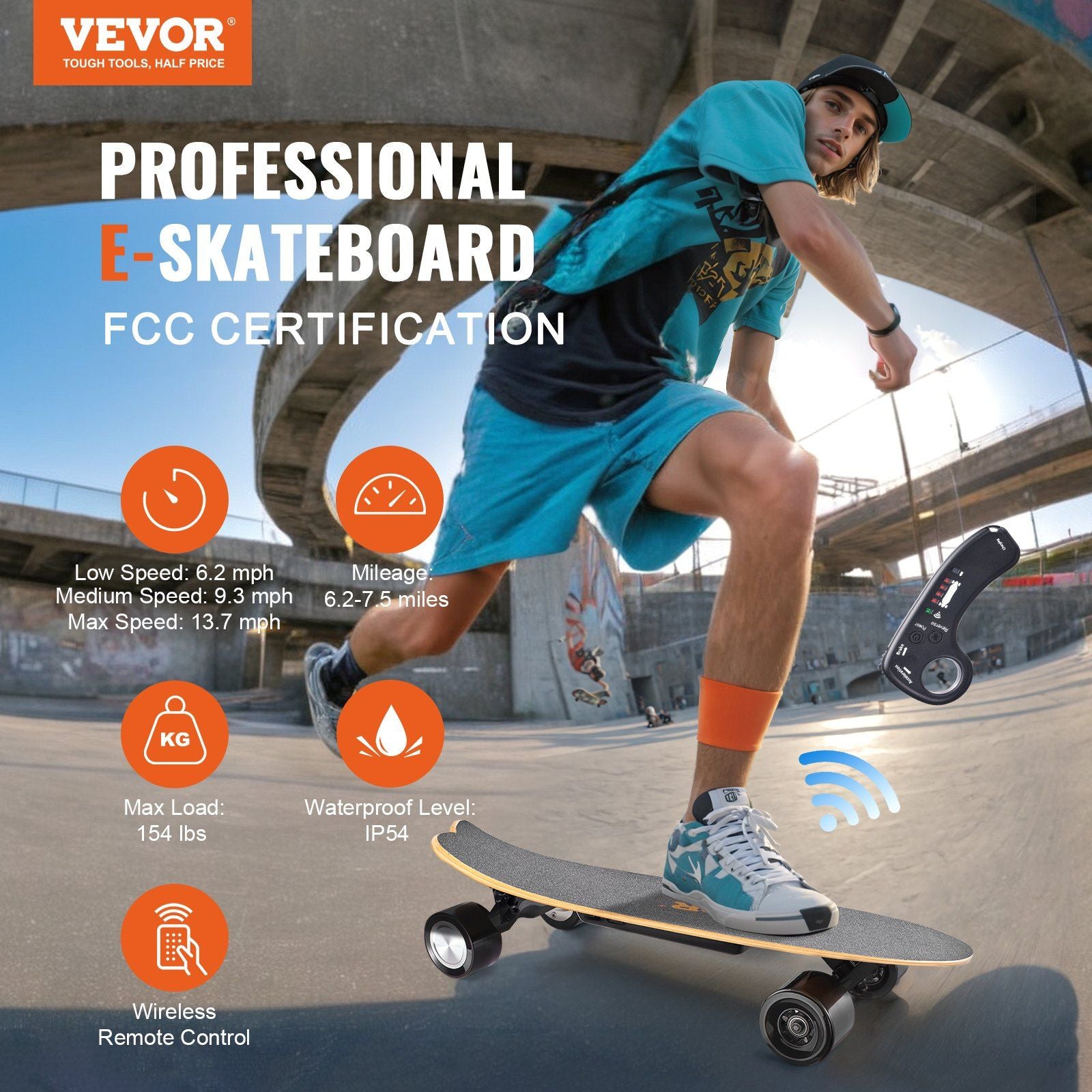 VEVOR Electric Longboard Skateboard - 7.5 Mile Range, 13.7 mph Max Speed for All Ages