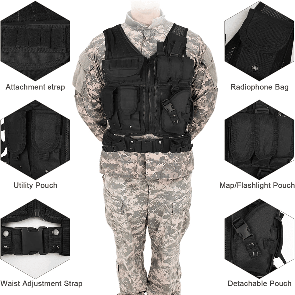 Men's Tactical Vest with Removable Belt and Versatile Holster for Pistol