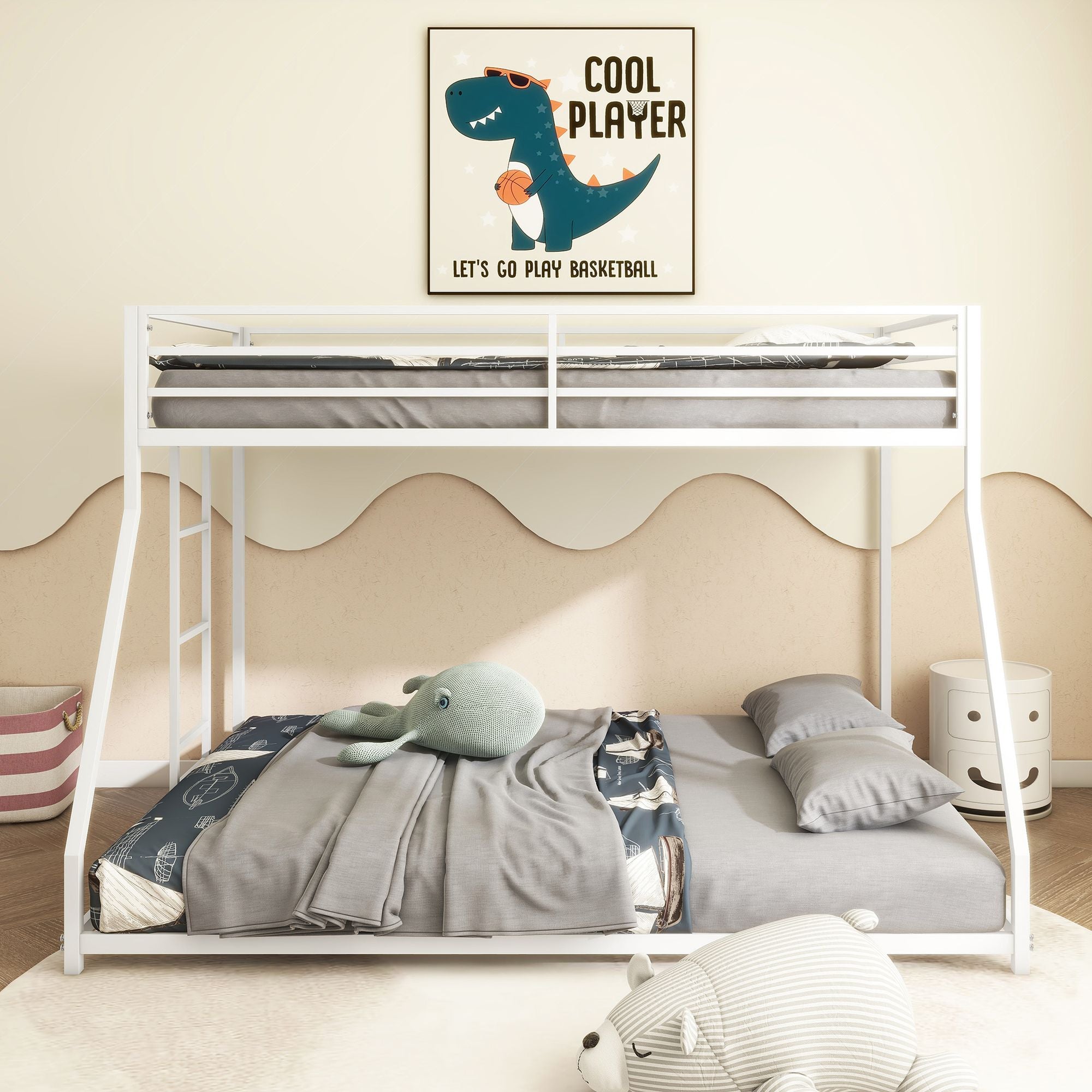 Sturdy White Twin over Full Metal Bunk Bed for Kids and Adults with Easy Climbing Ladder and Safety Guardrails