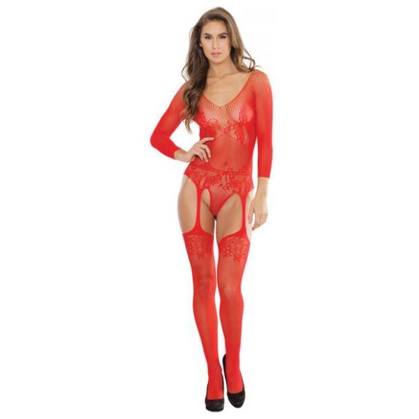 Red Lace Fishnet Teddy with Stockings