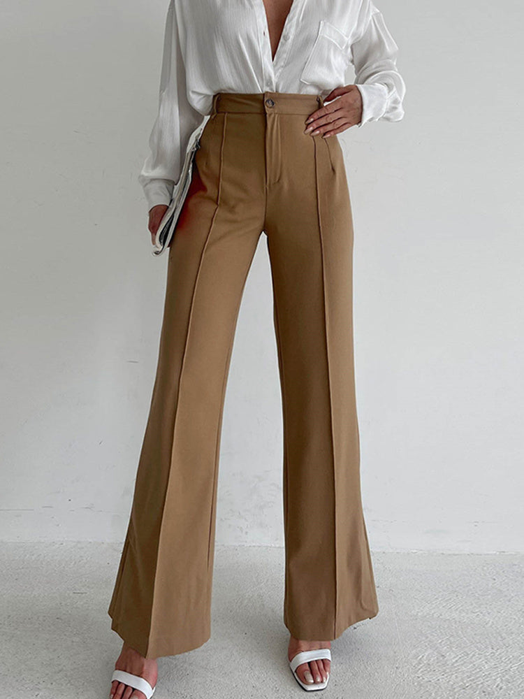 Elegant Autumn Flare Trousers for Women - Trendy Office Chic with Button Accent