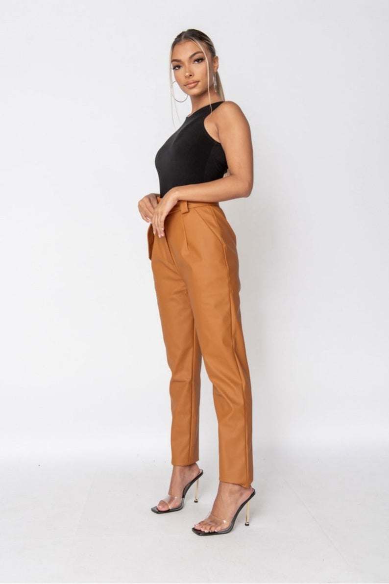 Rust Faux Leather High-Waisted Paperbag Trousers