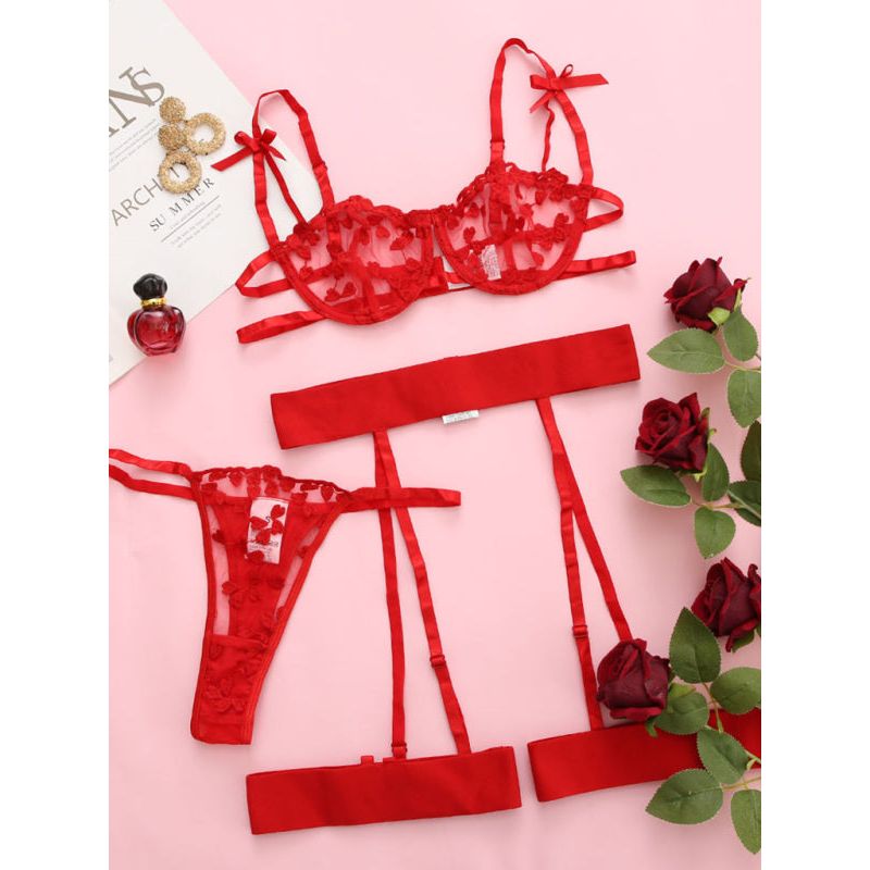 Lace Embroidered Mesh Lingerie Set