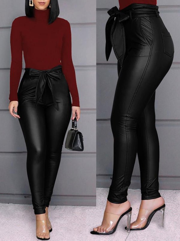 Chic PU Leather Pants with Belt