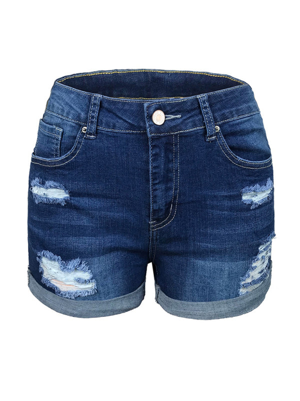 Women's Stretch Mid Rise Denim Shorts with Holes