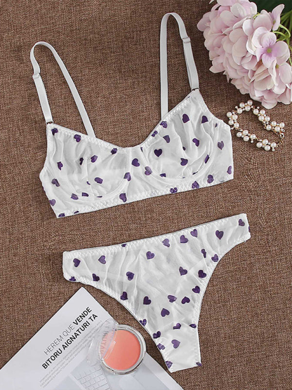 Chic Heart-Patterned Mesh Underwear Set