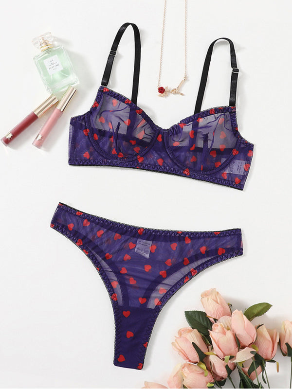 Chic Heart-Patterned Mesh Underwear Set