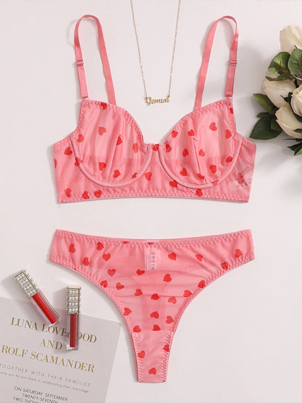 Chic Heart-Patterned Mesh Underwear Set