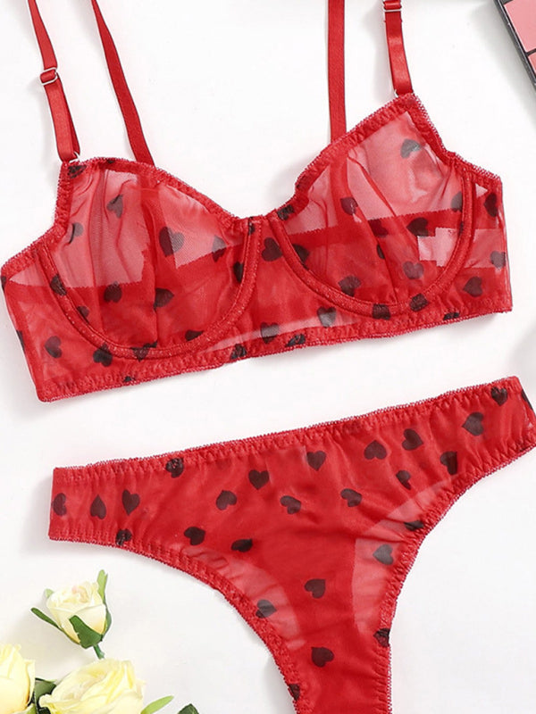 Chic Heart-Patterned Mesh Underwear Set
