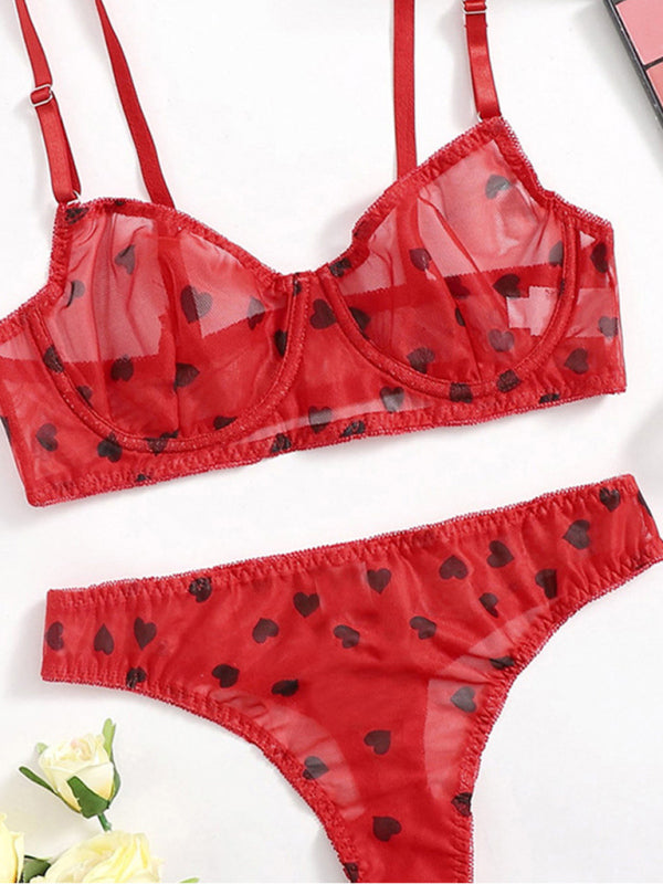Chic Heart-Patterned Mesh Underwear Set
