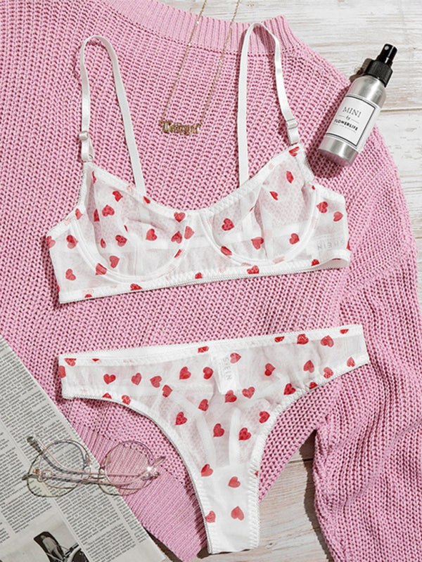Chic Heart-Patterned Mesh Underwear Set