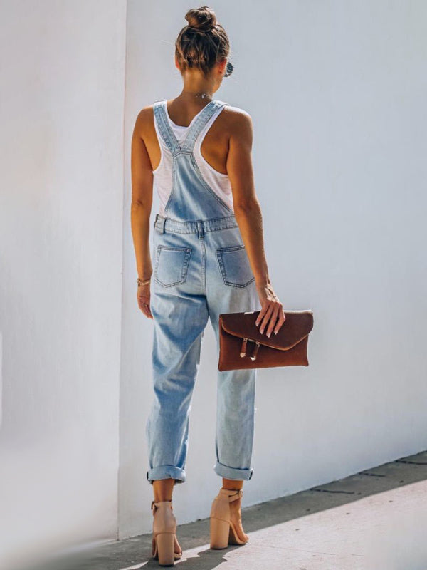 New style casual commuting ripped mid-waist denim jumpsuit