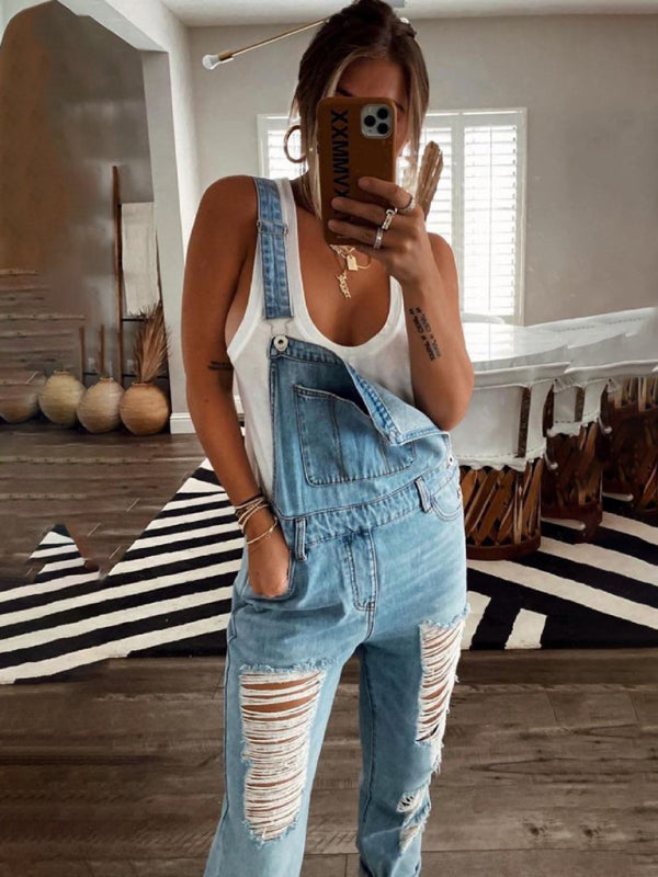 New style casual commuting ripped mid-waist denim jumpsuit