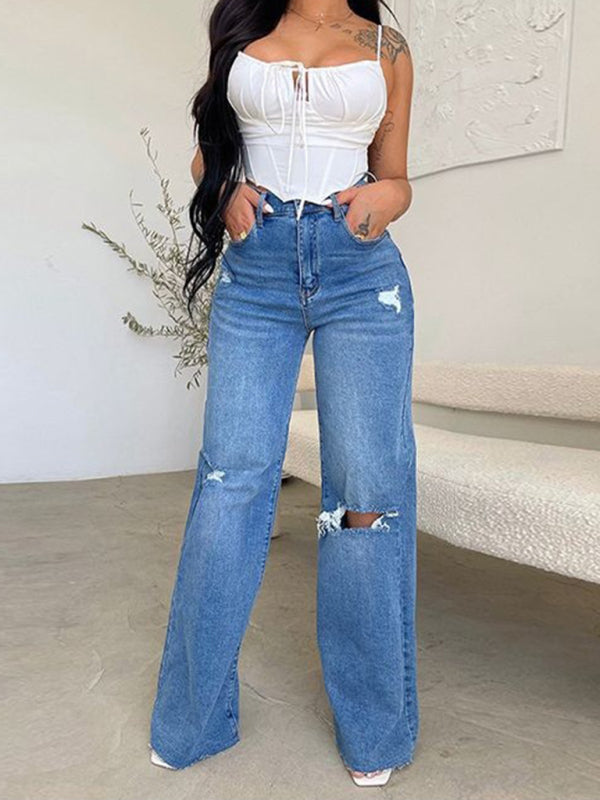 Women's long high waist ripped raw edge comfortable wide leg jeans